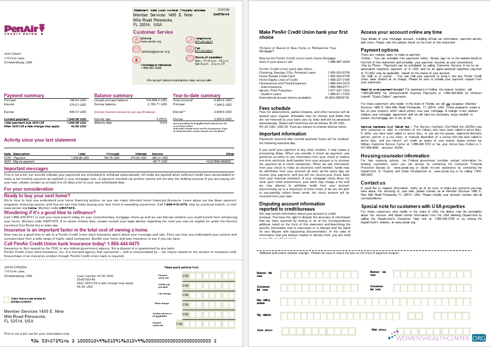 USA Florida PenAir Credit Union bank mortgage statement in Word and PDF formats, 2 pages